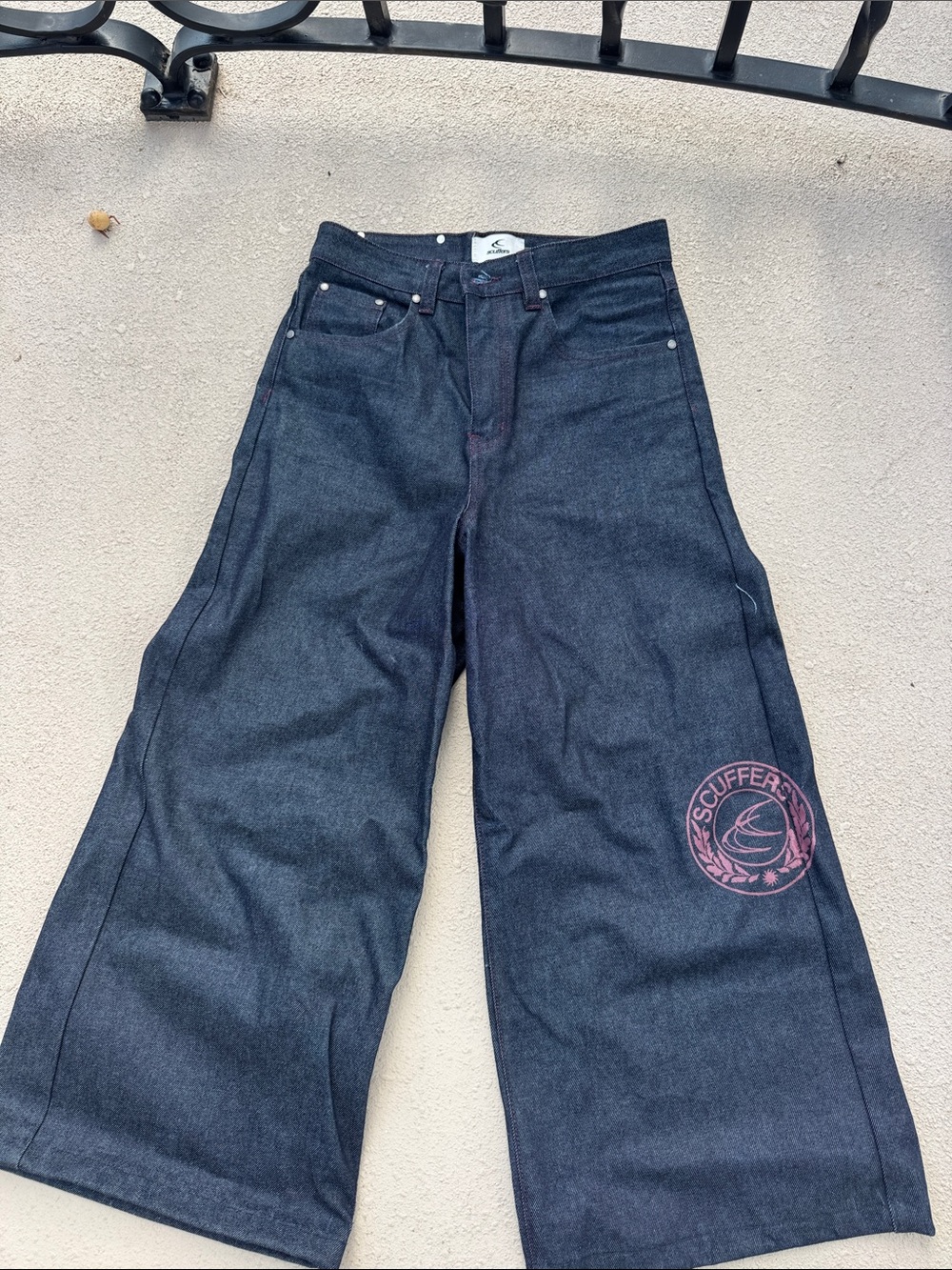Wide Bootcut Men’s Dark Indigo Jeans with Pink Logo